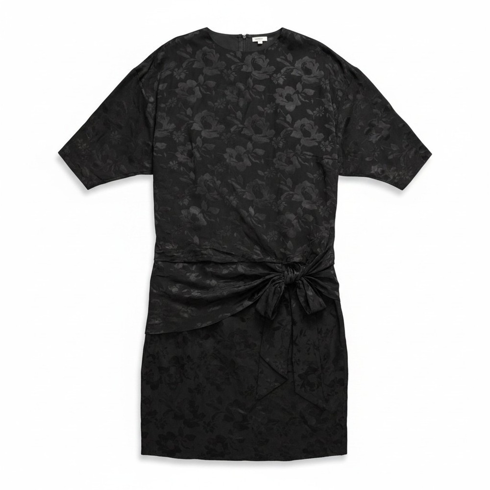Silk Studio Floral Jacquard‎ Dress M Black Side Tie Silk Sheath Quiet Luxury